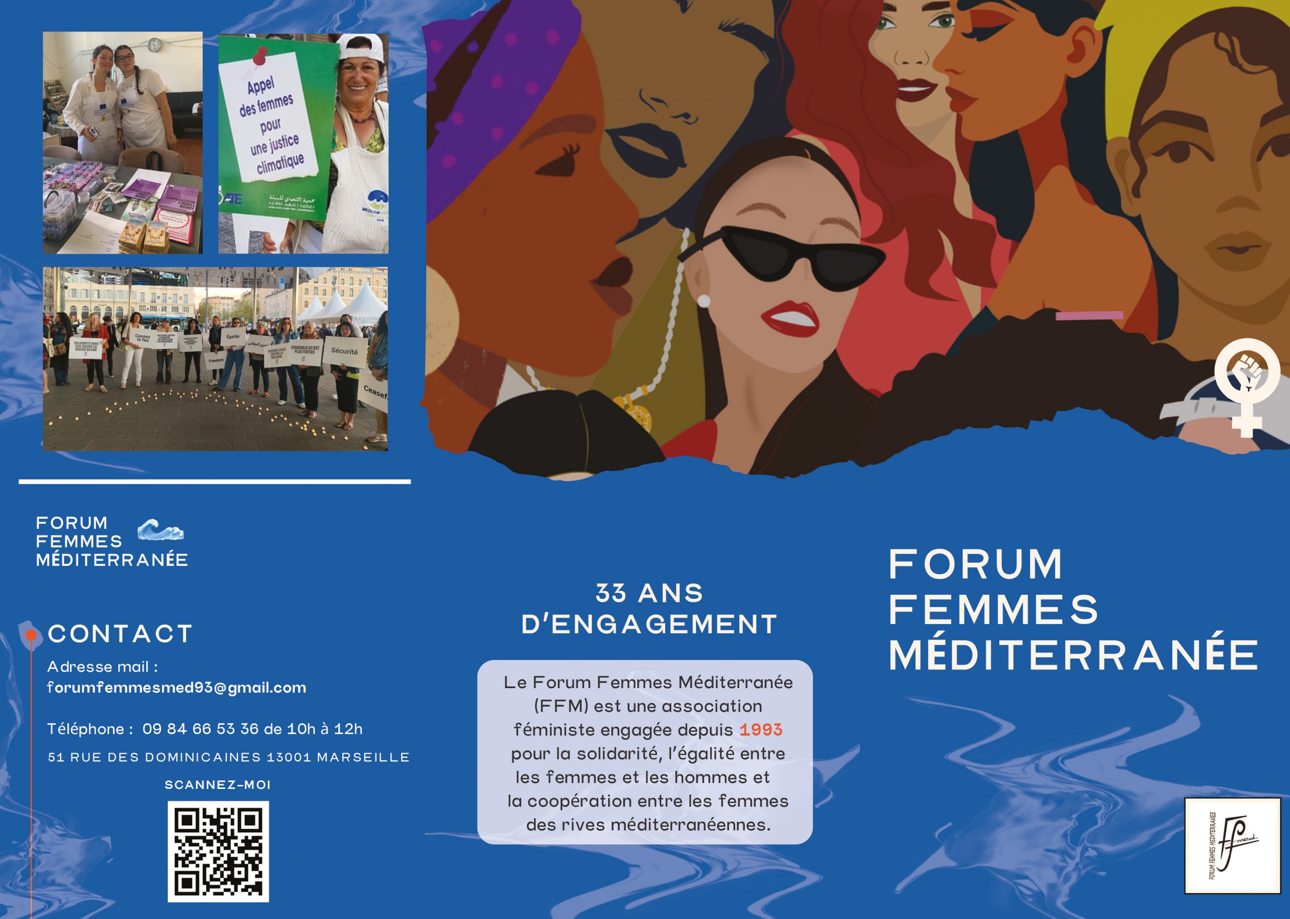 Dépliant du Forum Femmes Méditerranée avec un fond bleu